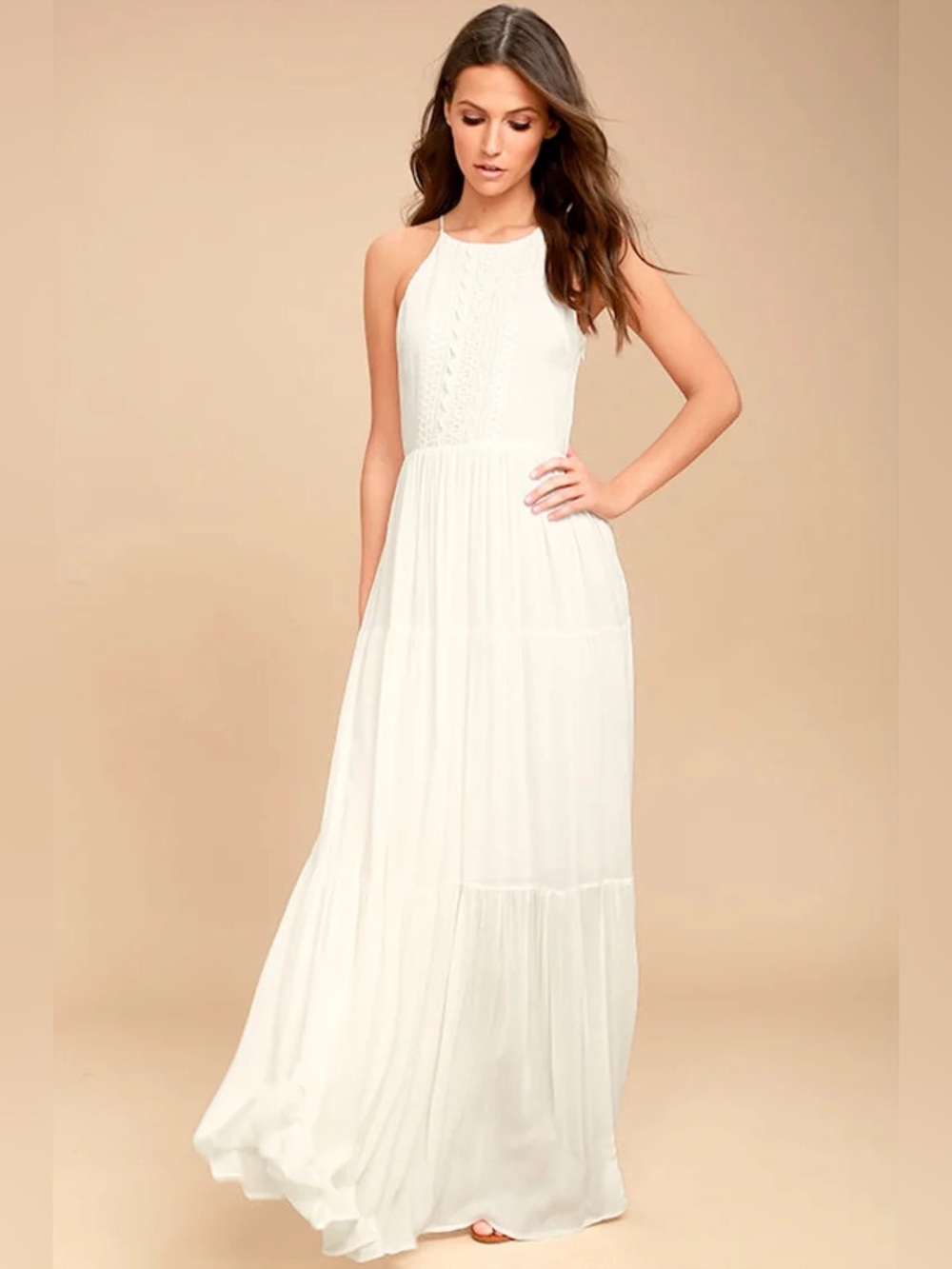 Lulus Ivory Crochet Detail Halter Maxi Dress